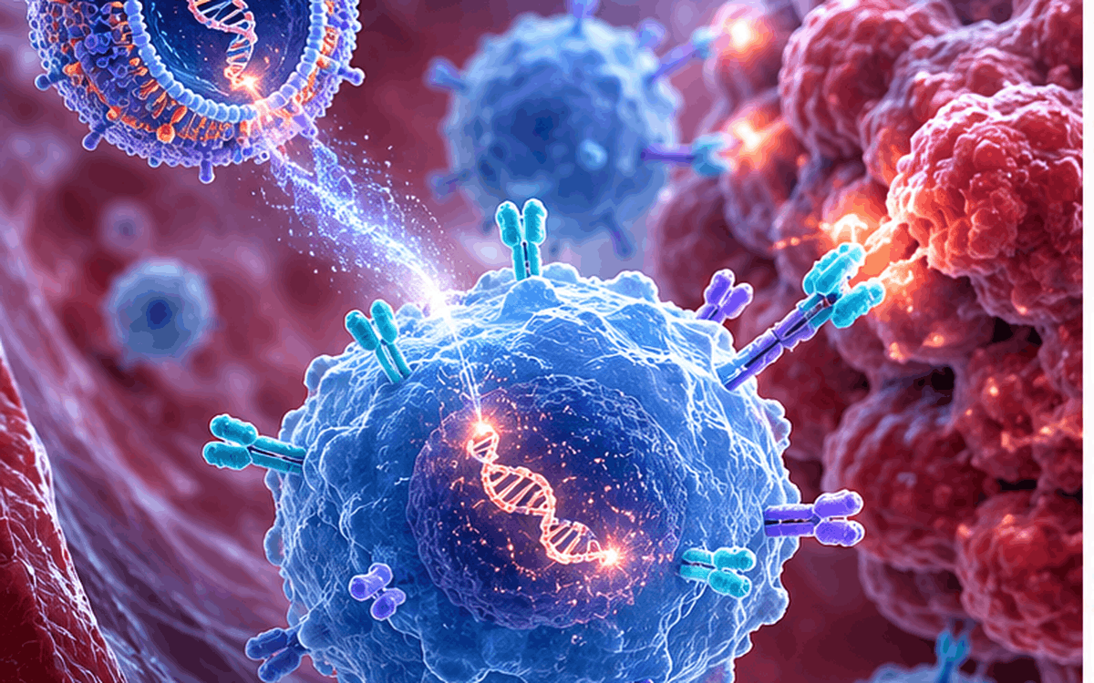 AI-generated-cart-1 In vivo CAR engineering: a lipid nanoparticle delivers genetic cargo to a CAR-expressing immune cell near tumour cells.