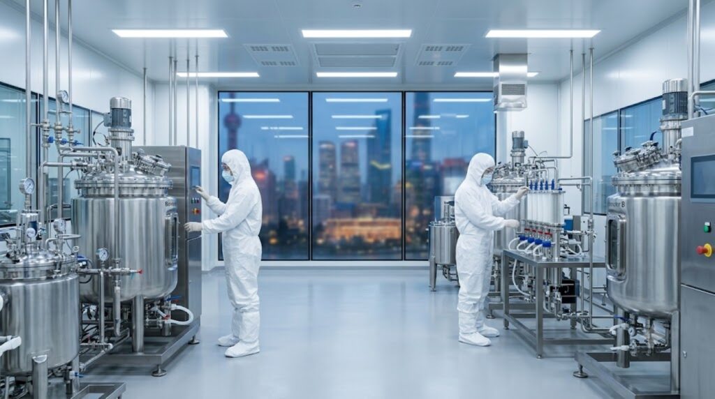 Two technicians in cleanroom PPE operating stainless steel bioreactors in a biologics manufacturing facility, illustrating APAC biopharma innovation.