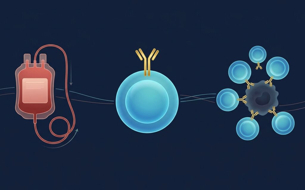 Illustration showing the three stages of CAR-T therapy: blood collection, a T cell engineered with a gold chimeric antigen receptor, and engineered cells attacking a cancer cell.