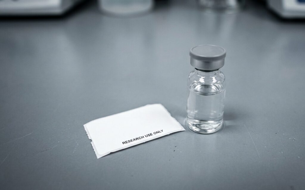 Unlabelled glass vial beside a detached research use only label, illustrating the retatrutide black market and counterfeit weight loss drug risks