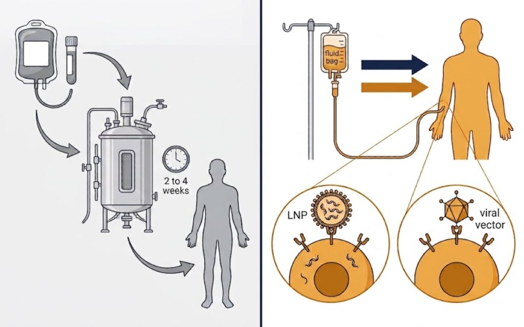 Diagram comparing conventional ex vivo cell therapy manufacturing with in vivo CAR-T therapy delivered as a single intravenous infusion.