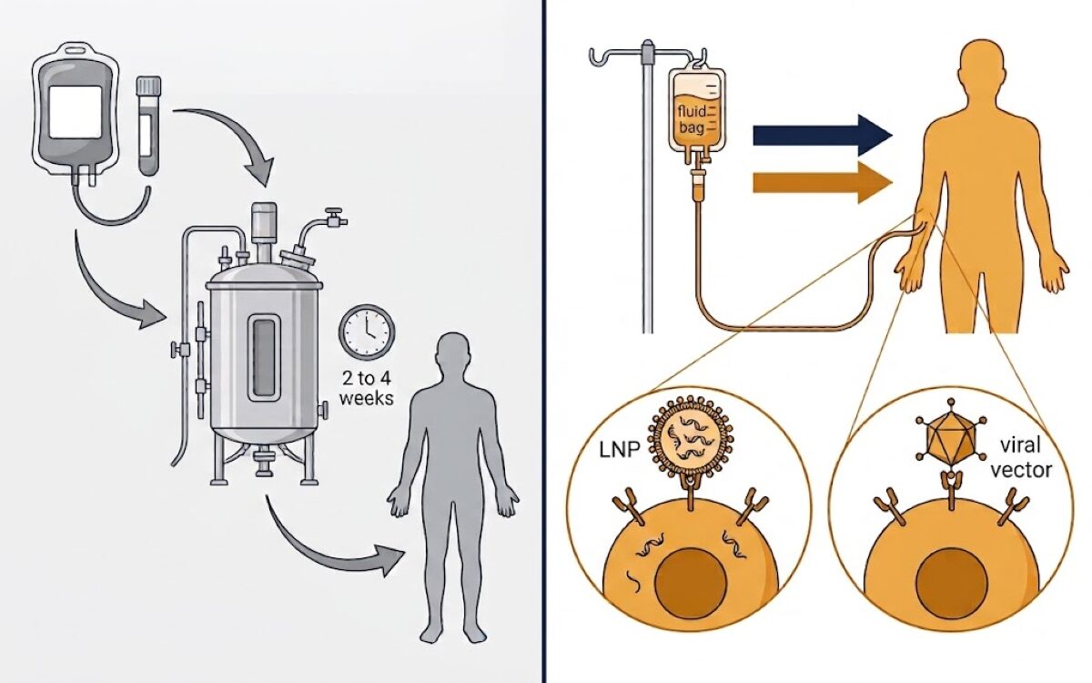Diagram comparing conventional ex vivo cell therapy manufacturing with in vivo CAR-T therapy delivered as a single intravenous infusion.