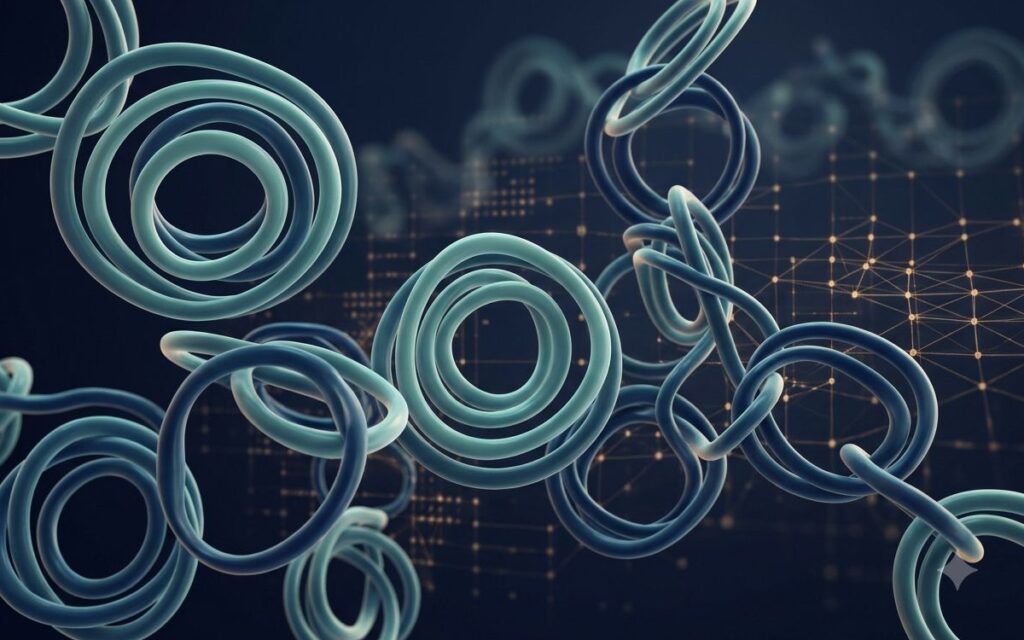 Interlocking teal macrocyclic rings representing polymacrocyclic peptide architectures over a gold AI network grid.