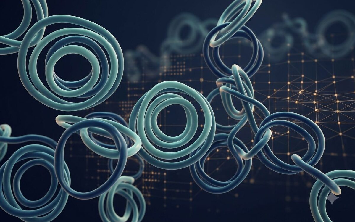 Interlocking teal macrocyclic rings representing polymacrocyclic peptide architectures over a gold AI network grid.