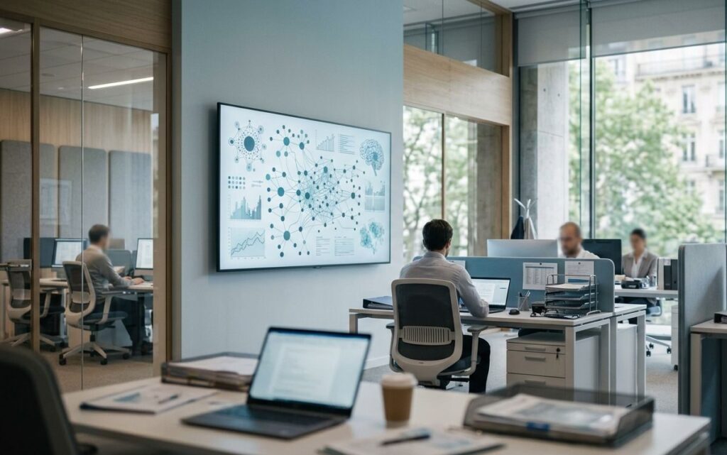 European medtech trials analytics dashboard displayed on an office wall screen as clinical staff work at nearby desks.