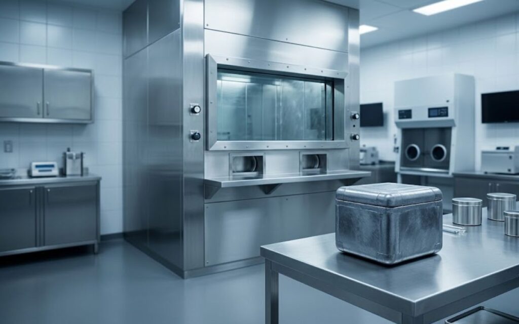 Shielded hot cell and lead transport container in a hospital radiopharmacy, illustrating supply constraints in the Singapore radiopharmaceutical market.