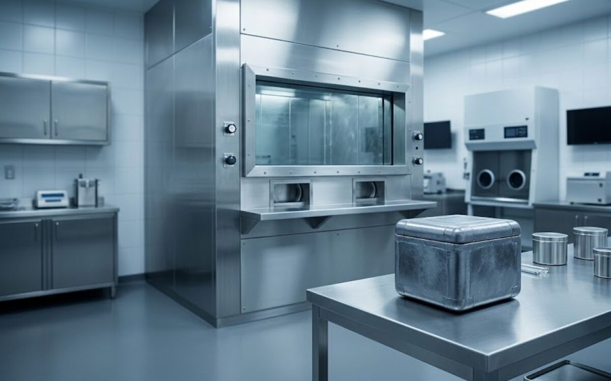 Singapore Radiopharmaceutical Market Shielded hot cell and lead transport container in a hospital radiopharmacy, illustrating supply constraints in the Singapore radiopharmaceutical market.