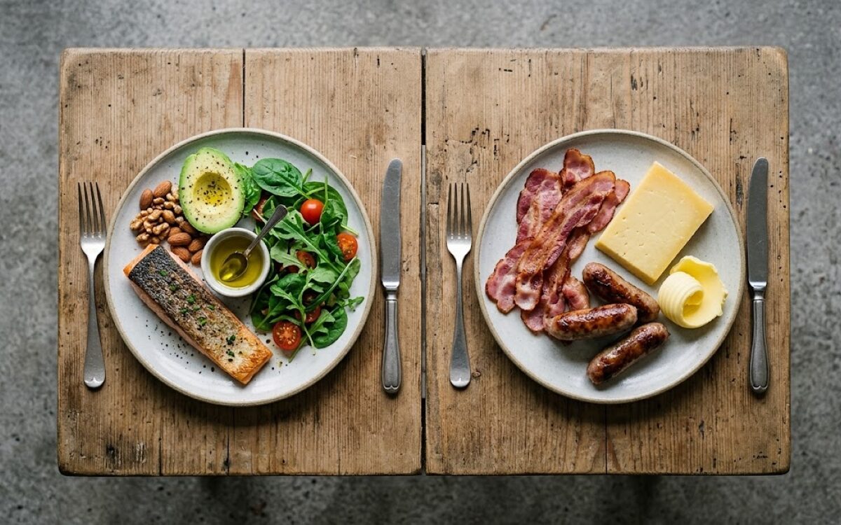 Long-term ketogenic diet plates compared: salmon, avocado, nuts and salad beside bacon, sausages, cheese and butter.