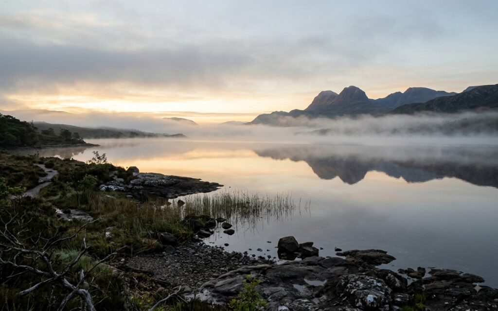 Sunrise mist drifting over a still loch below a mountain ridge, evoking nervous system calm after chronic trauma.