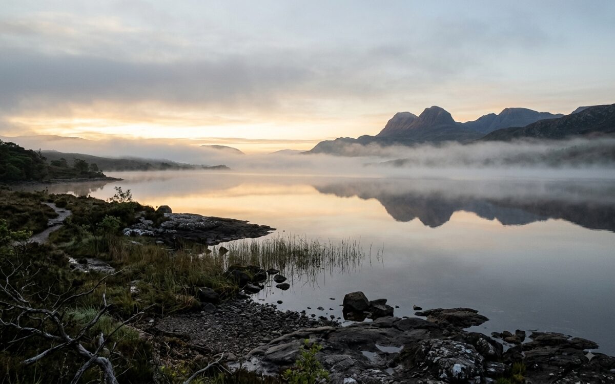 Sunrise mist drifting over a still loch below a mountain ridge, evoking nervous system calm after chronic trauma.