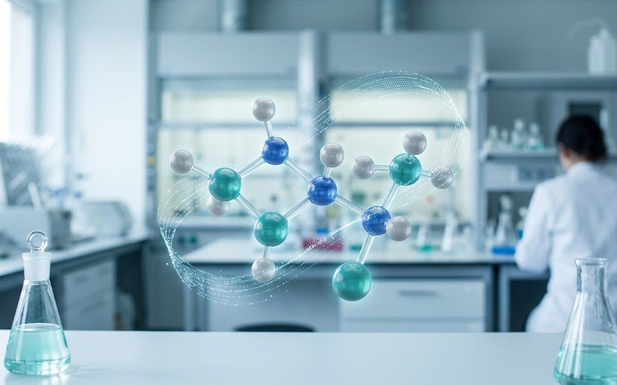 Ball-and-stick molecular model in a laboratory, illustrating AI-discovered drugs reaching late-stage clinical testing in 2026.