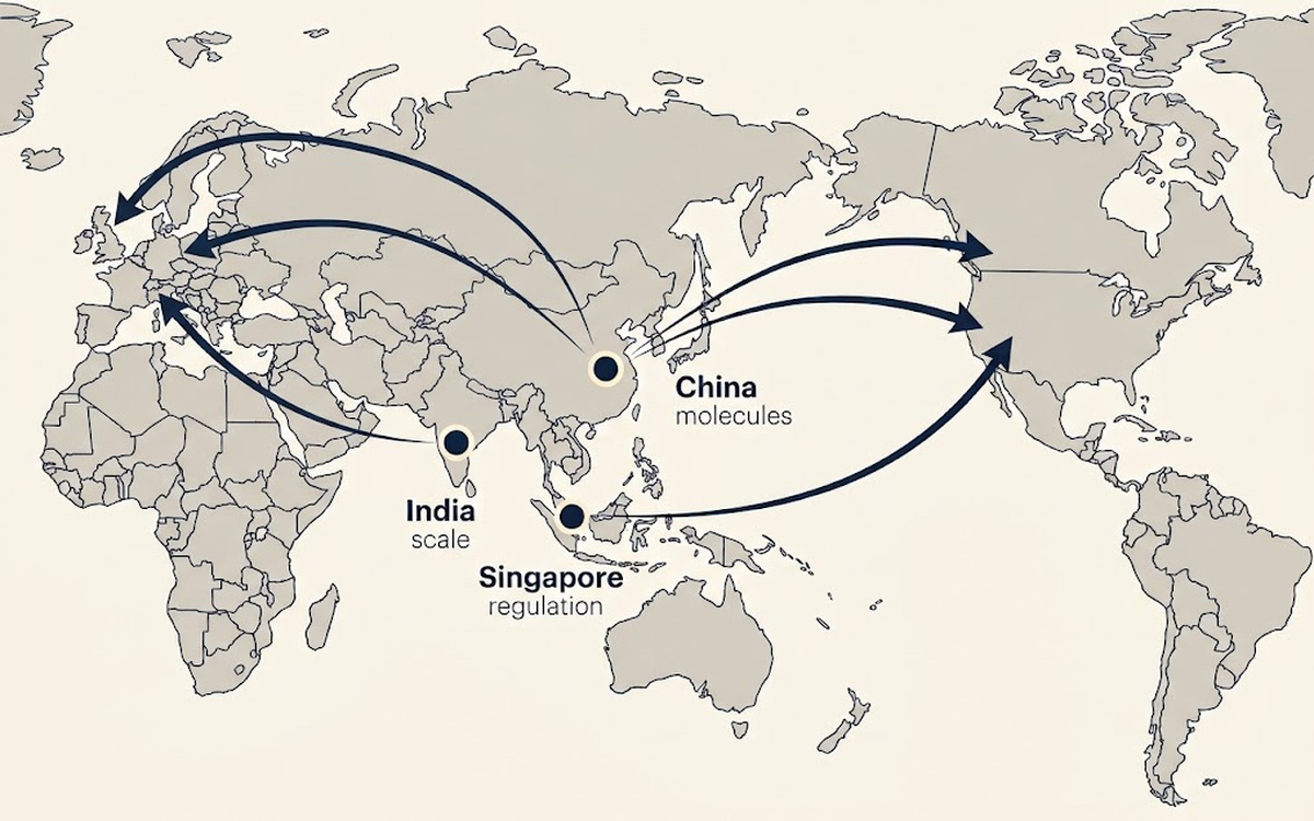 apac-biopharma-2026-feature Map showing APAC biopharma flows from China, India and Singapore outward to markets in Western Europe and North America.