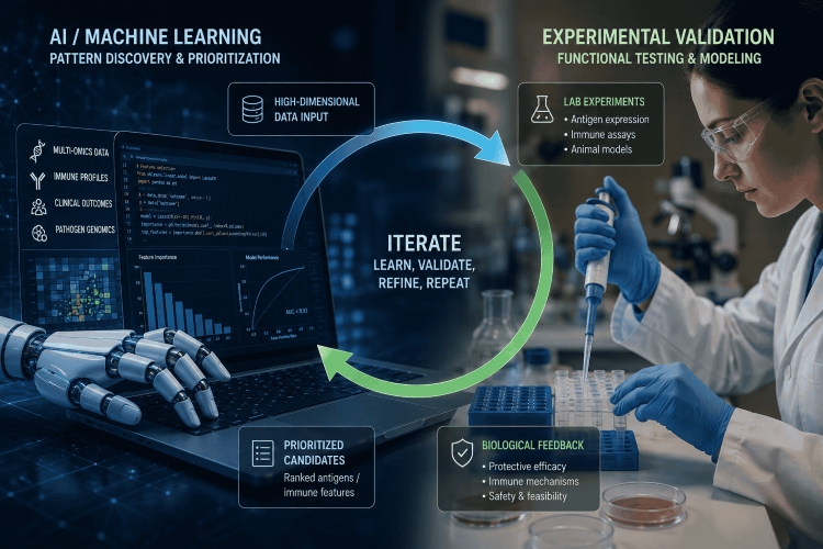 Diagram showing a two-way cycle between AI and machine learning analysis of high-dimensional immune data and experimental laboratory validation, with biological feedback refining the model.