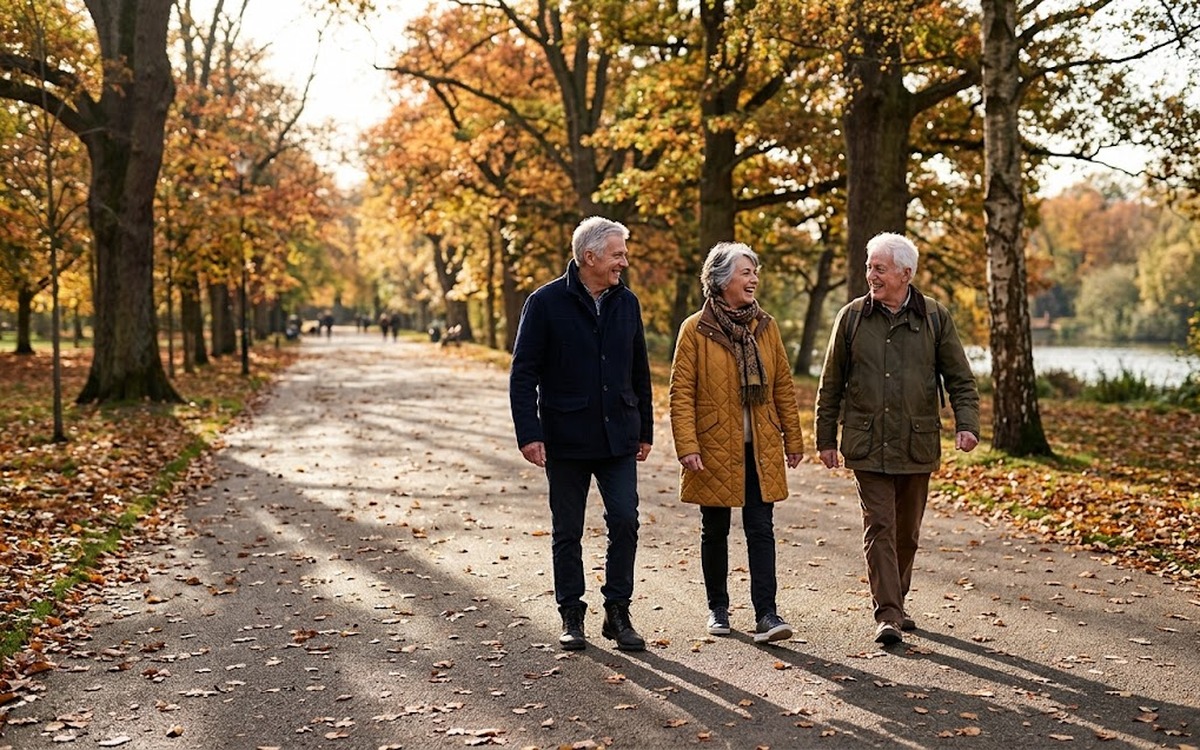 Three older adults walking a leafy park path in autumn, reflecting research on physical activity and dementia risk.