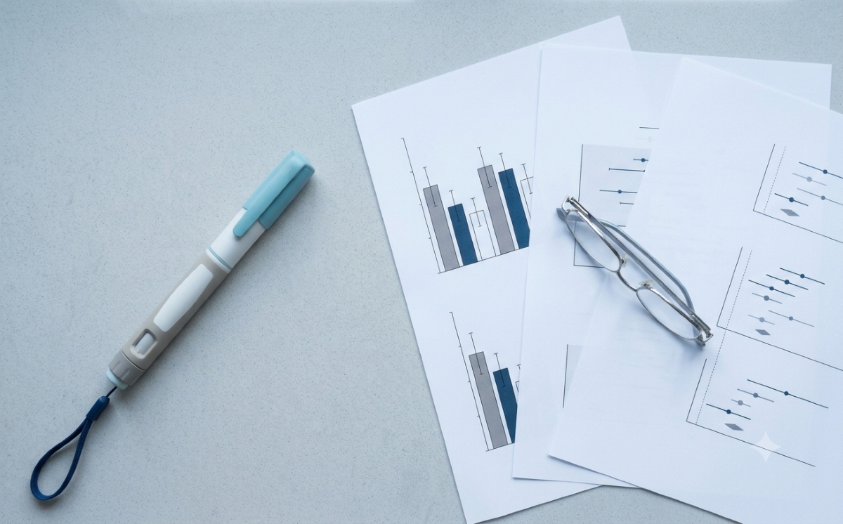 glp1-side-effects A GLP-1 injector pen beside printed bar charts and forest plots, illustrating the clinical evidence behind GLP-1 side effects.