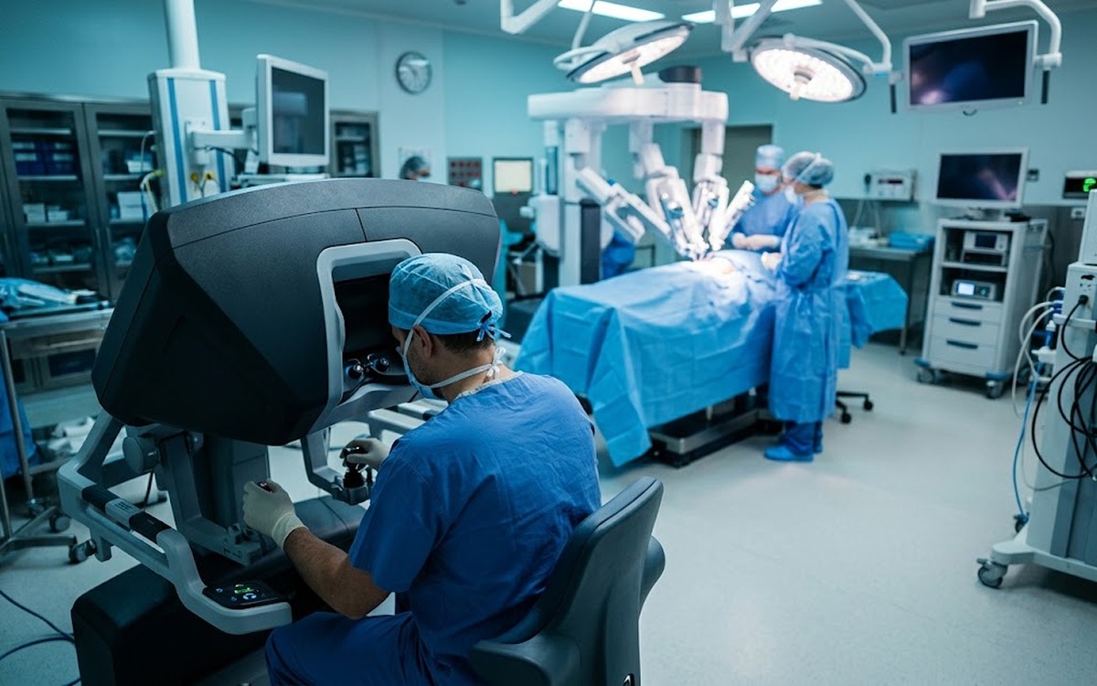 Surgeon operates a robotic surgery console during a robotic gastrectomy as theatre staff work at the patient's bedside.